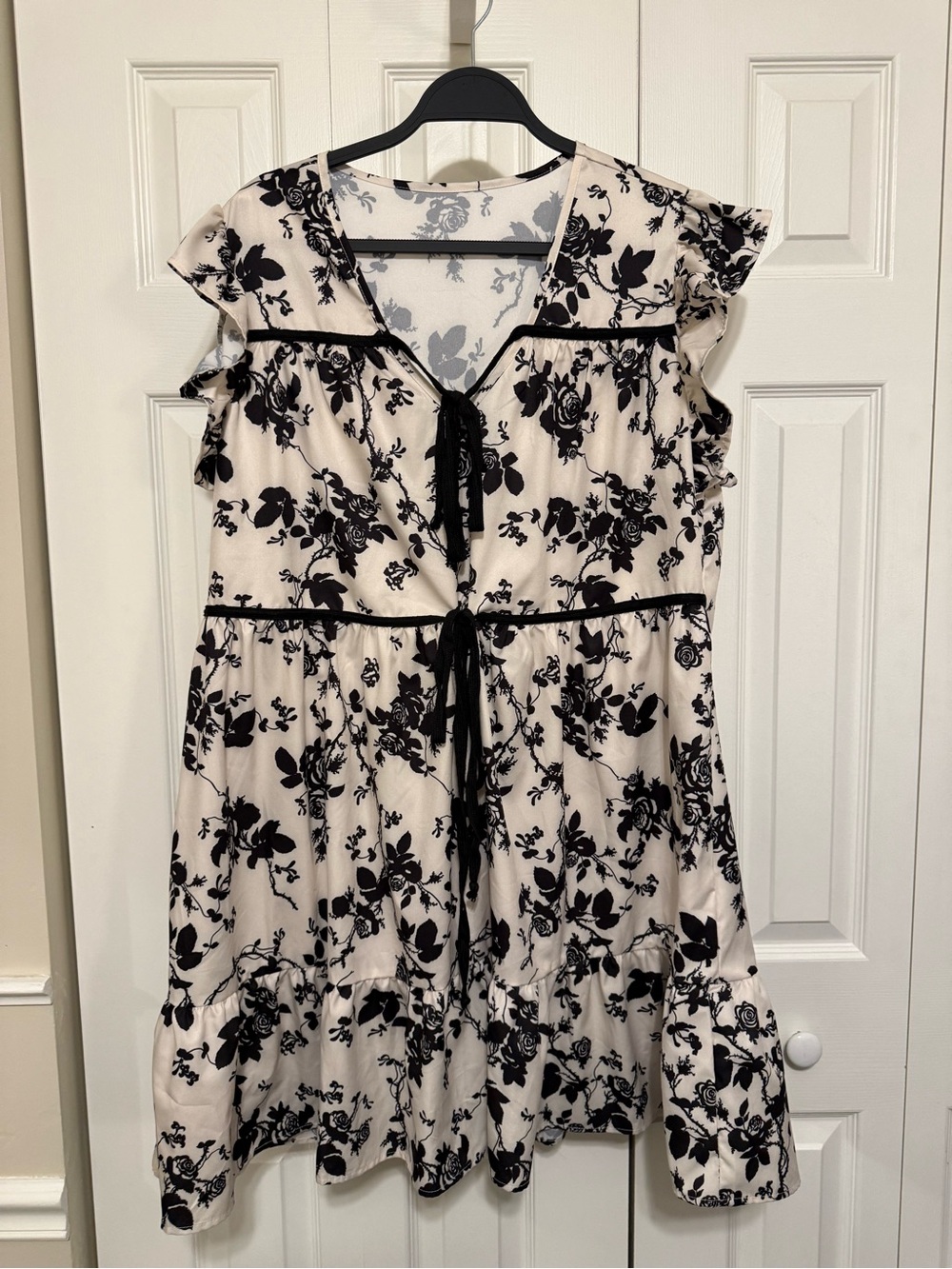 SHEIN Cream Dress with Black Floral Print and Tie Front